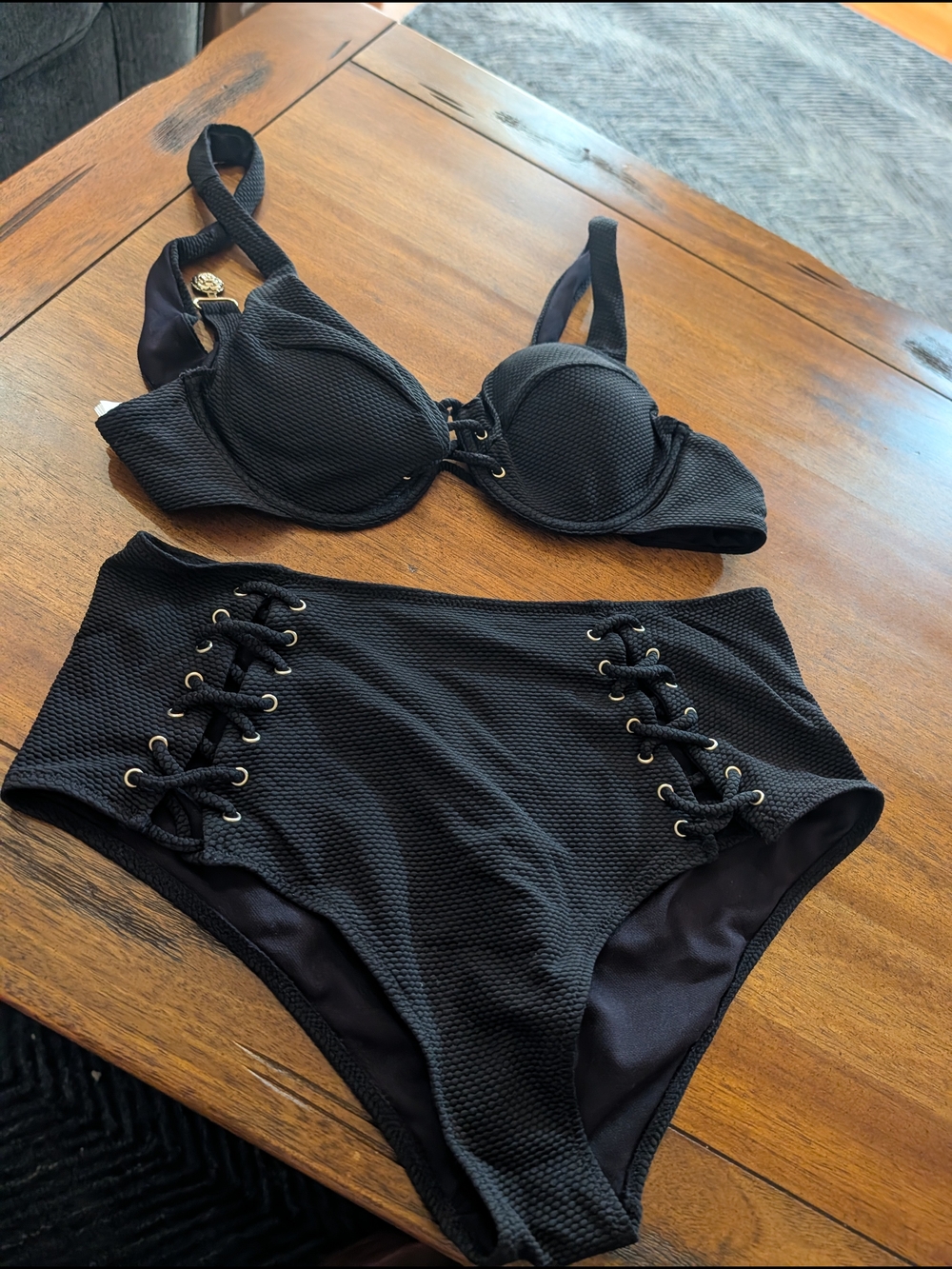 Guess Black High-Waist Lace-Up Bikini Set